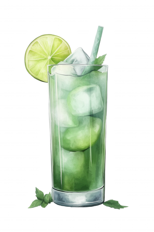 A glass of green liquid with a lime wedge in it png