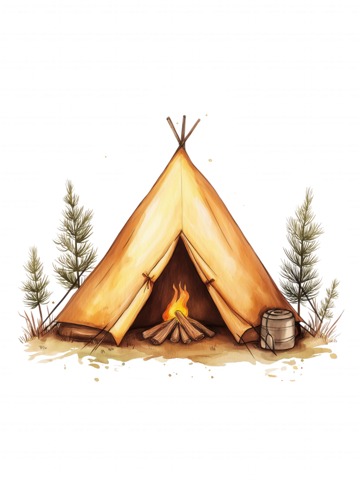 A drawing of a teepee with a fire in the middle png