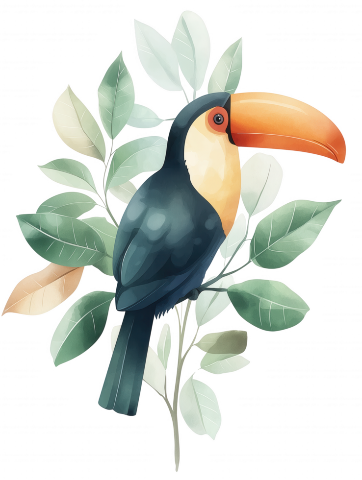 A colorful bird perched on a leafy branch png
