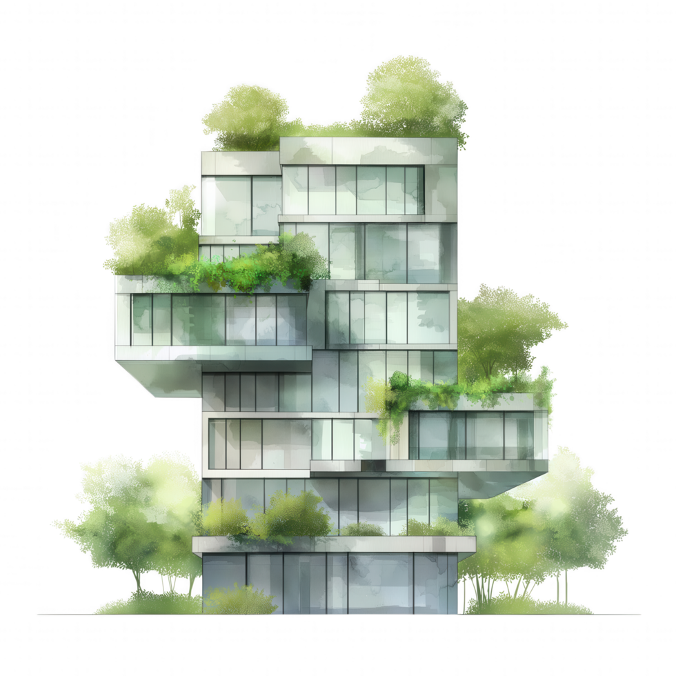 uma alta construção com uma verde cobertura e árvores crescendo em isto. png