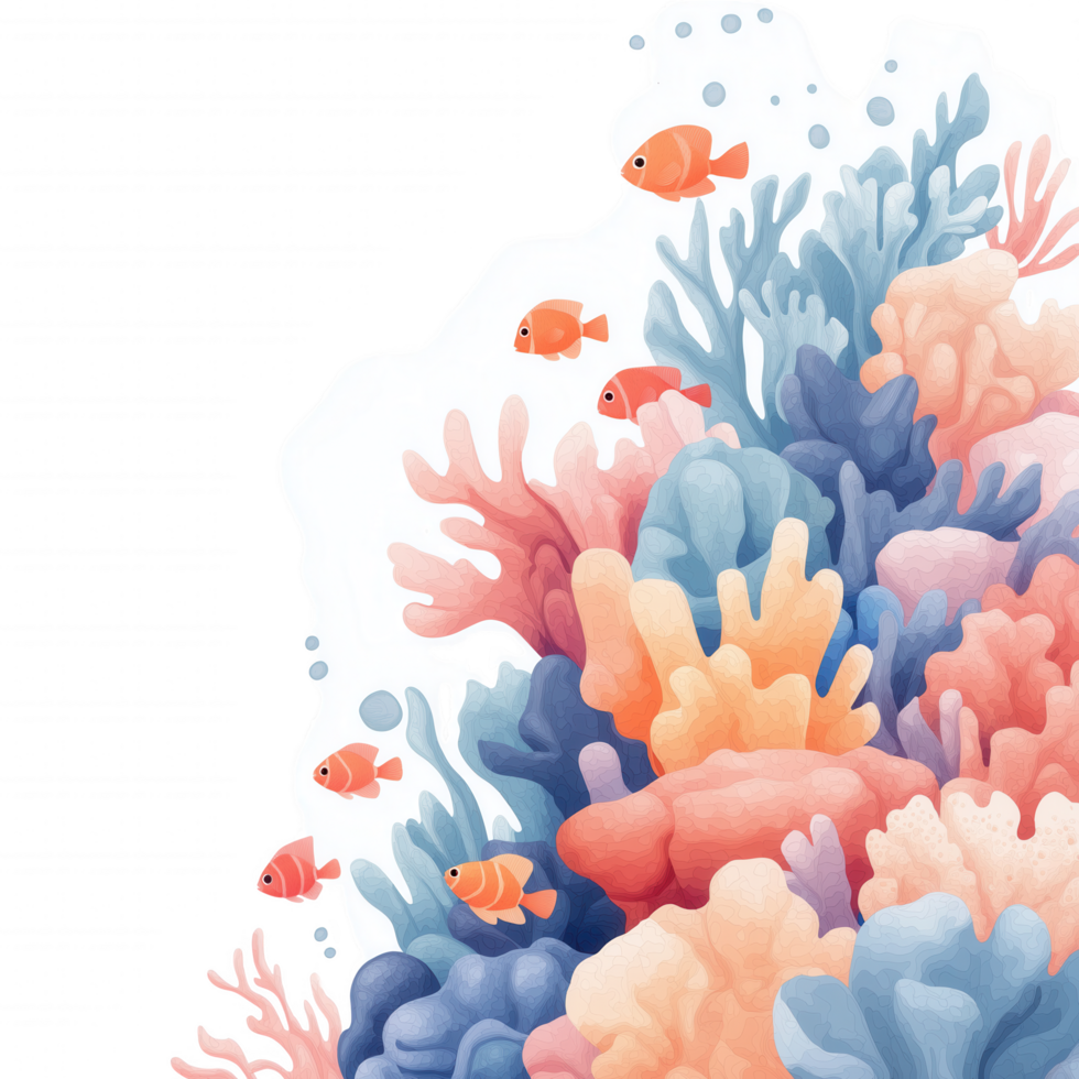 A colorful coral reef with a group of fish swimming around it png