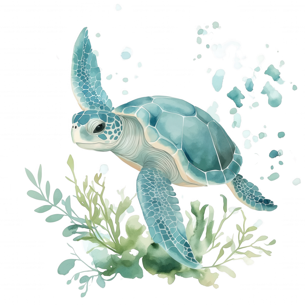 A turtle is swimming in the ocean with green plants in the background png