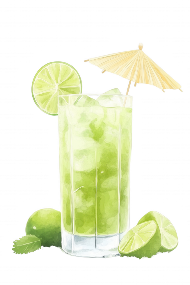 A glass of green drink with a lime slice and a yellow umbrella png