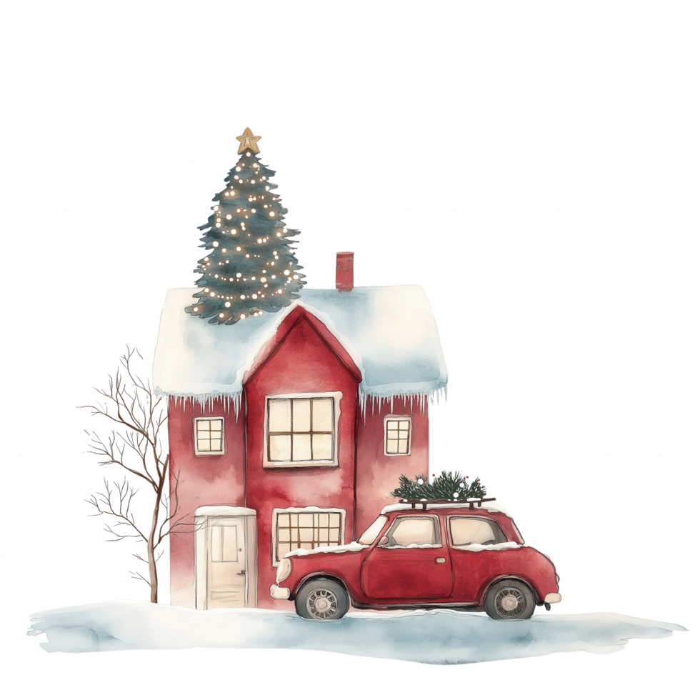 A red car is parked in front of a red house with a Christmas tree on top of it png