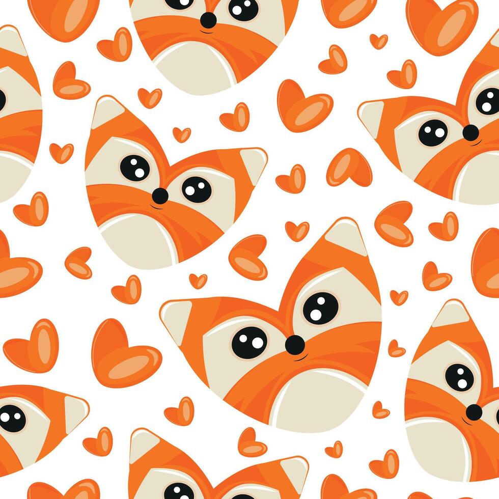 hearts with animal designs, namely with an orange fox heart-shaped design and orange hearts, Valentine's Day pattern vector