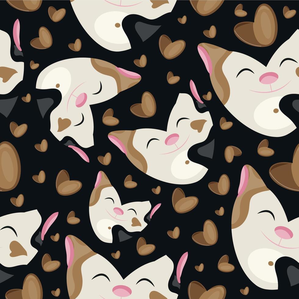 hearts with animal design, namely with a white cat heart-shaped design and brown hearts on a black background, Valentine's Day pattern vector