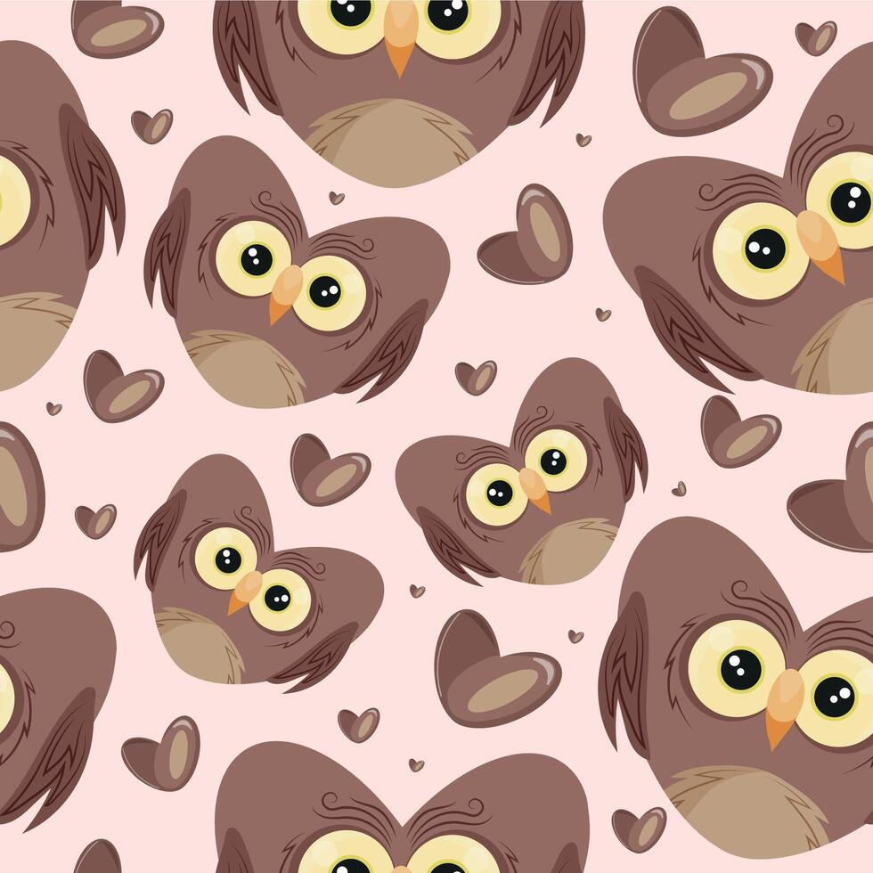 hearts with animal design, namely brown owl heart design and brown hearts on brown background, Valentine's Day pattern vector