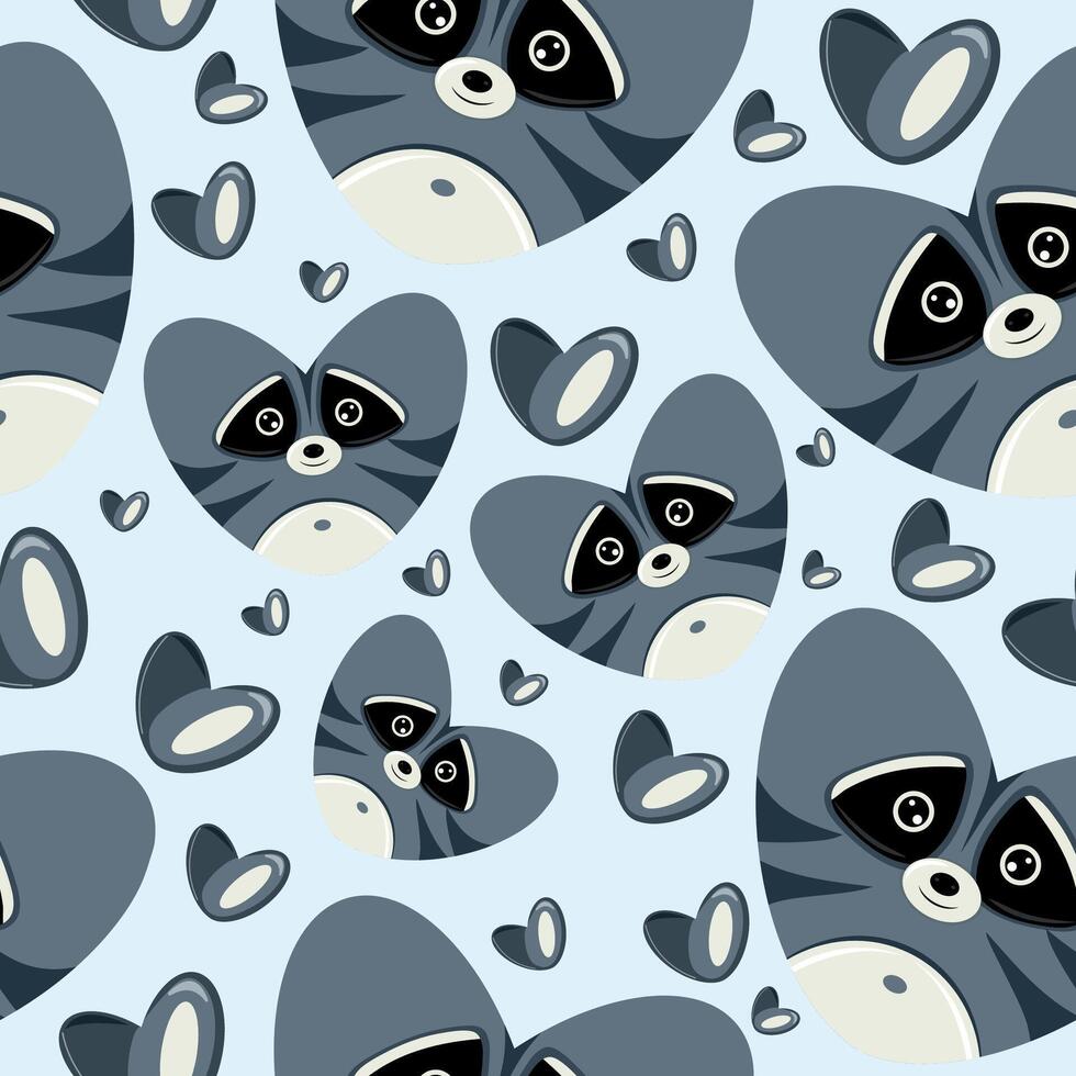 hearts with animal designs namely blue raccoon heart shaped design and blue hearts on blue background valentines day pattern vector