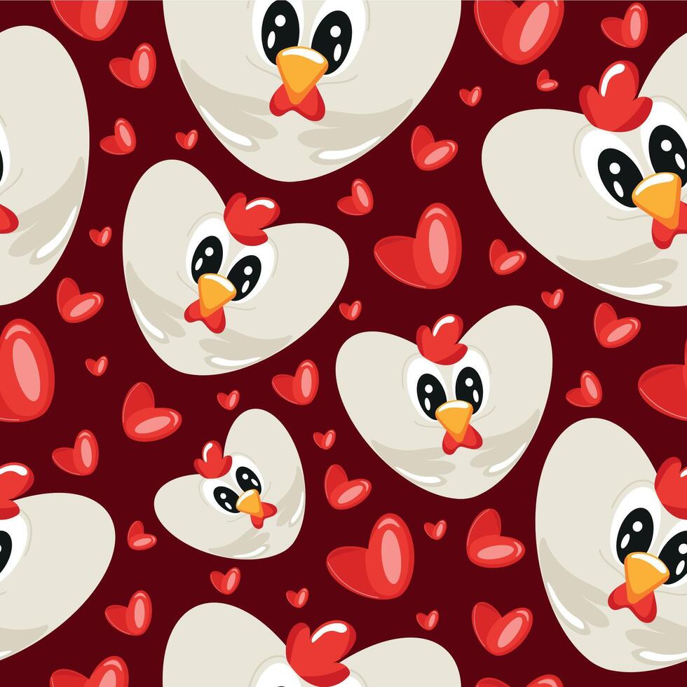 hearts with an animal design namely a white rooster design in the shape of a heart and red hearts on a red background, Valentine's Day pattern vector