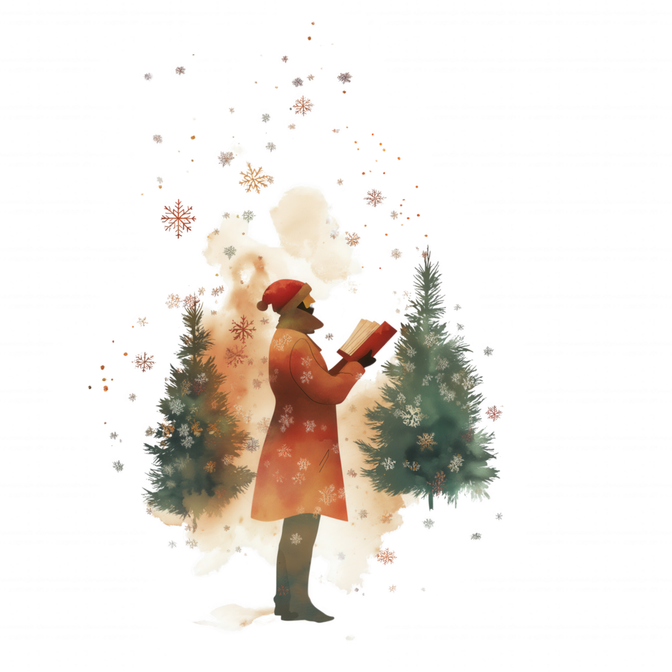 A man in a red coat is reading a book in front of a Christmas tree png