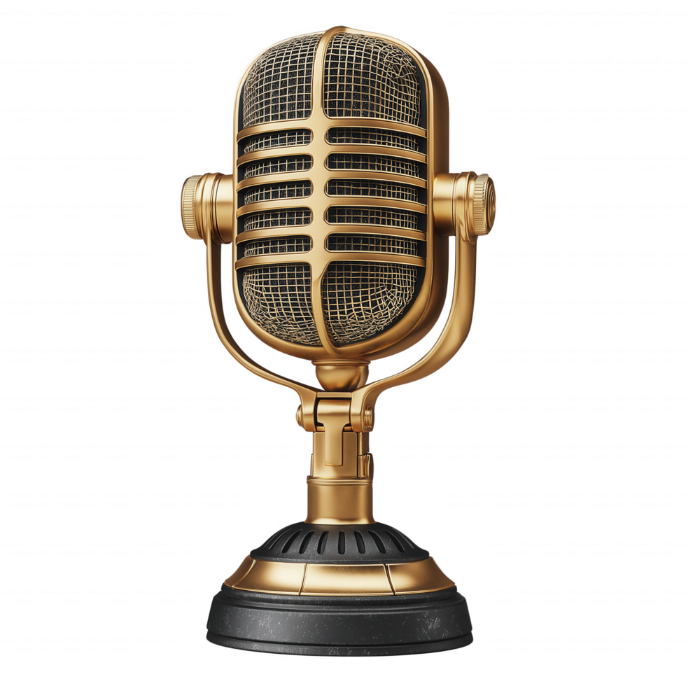 A microphone with a gold and black design sits on a pedestal png