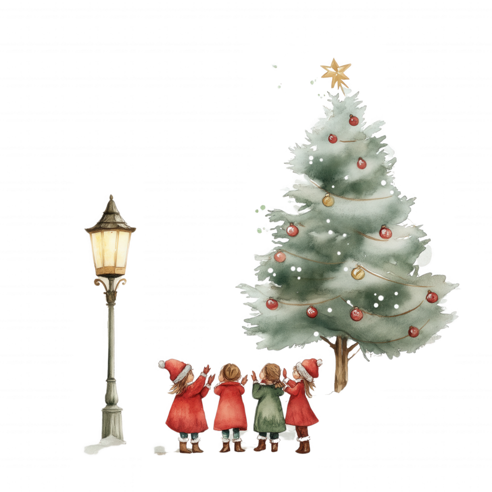 A group of children are standing around a Christmas tree png