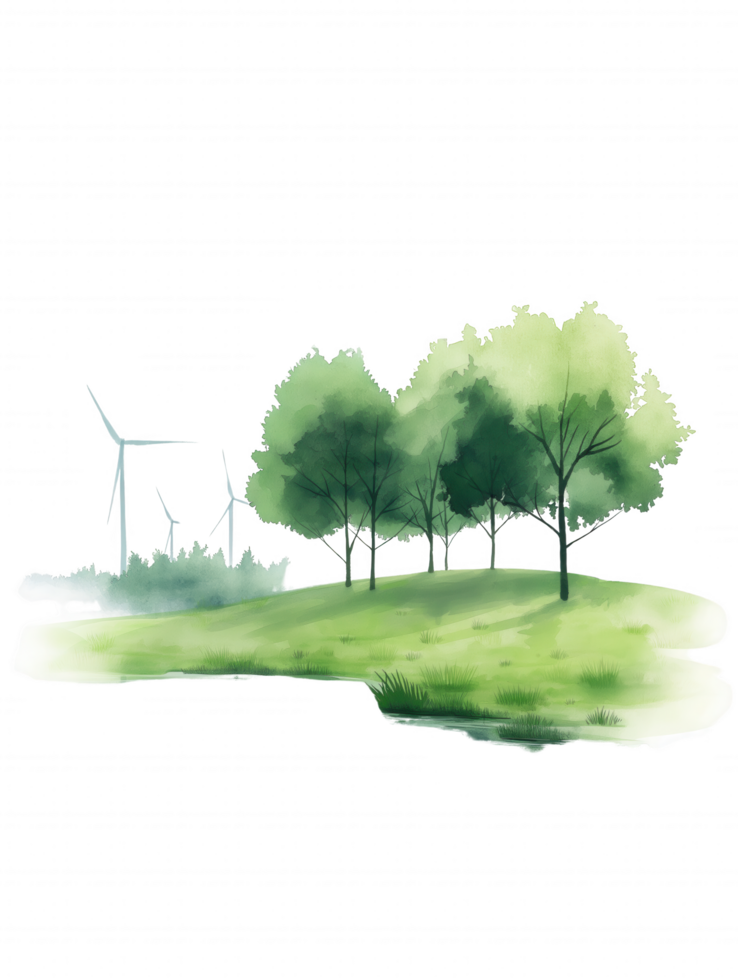 A drawing of a field with a wind farm in the background png
