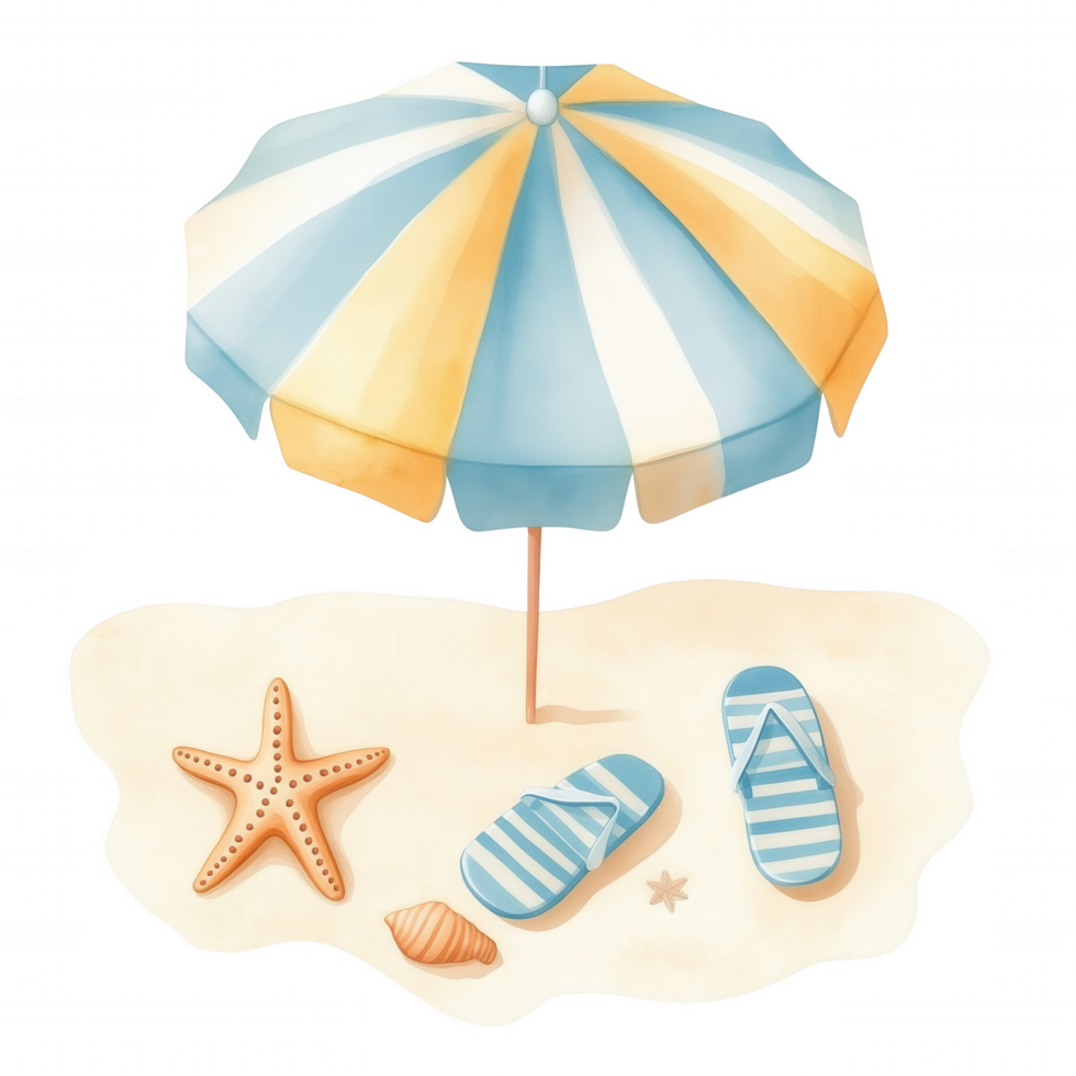A beach scene with a blue and yellow umbrella, a pair of blue png