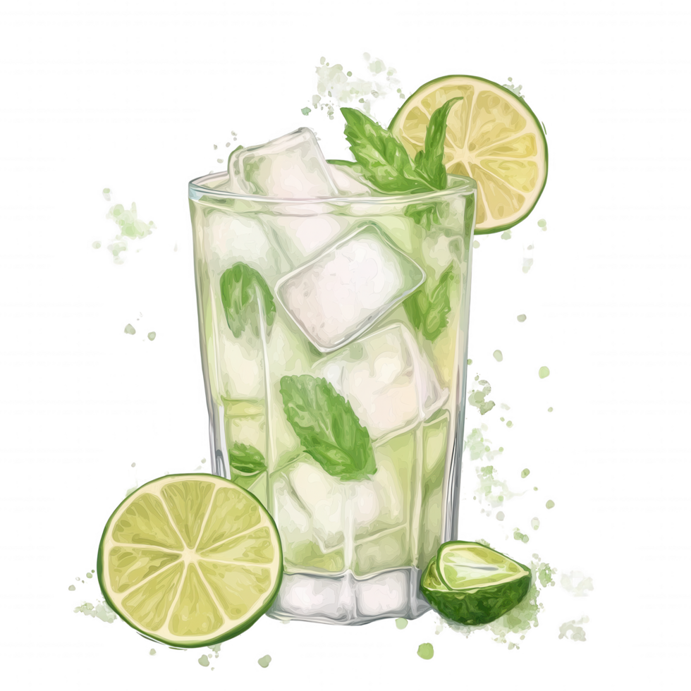 A glass of limeade with ice cubes and a lime wedge on the side png
