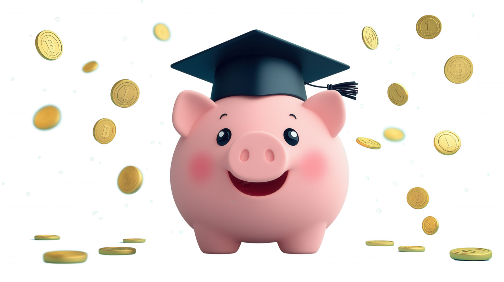 A pig wearing a black cap and gown is sitting on a pile of coins png
