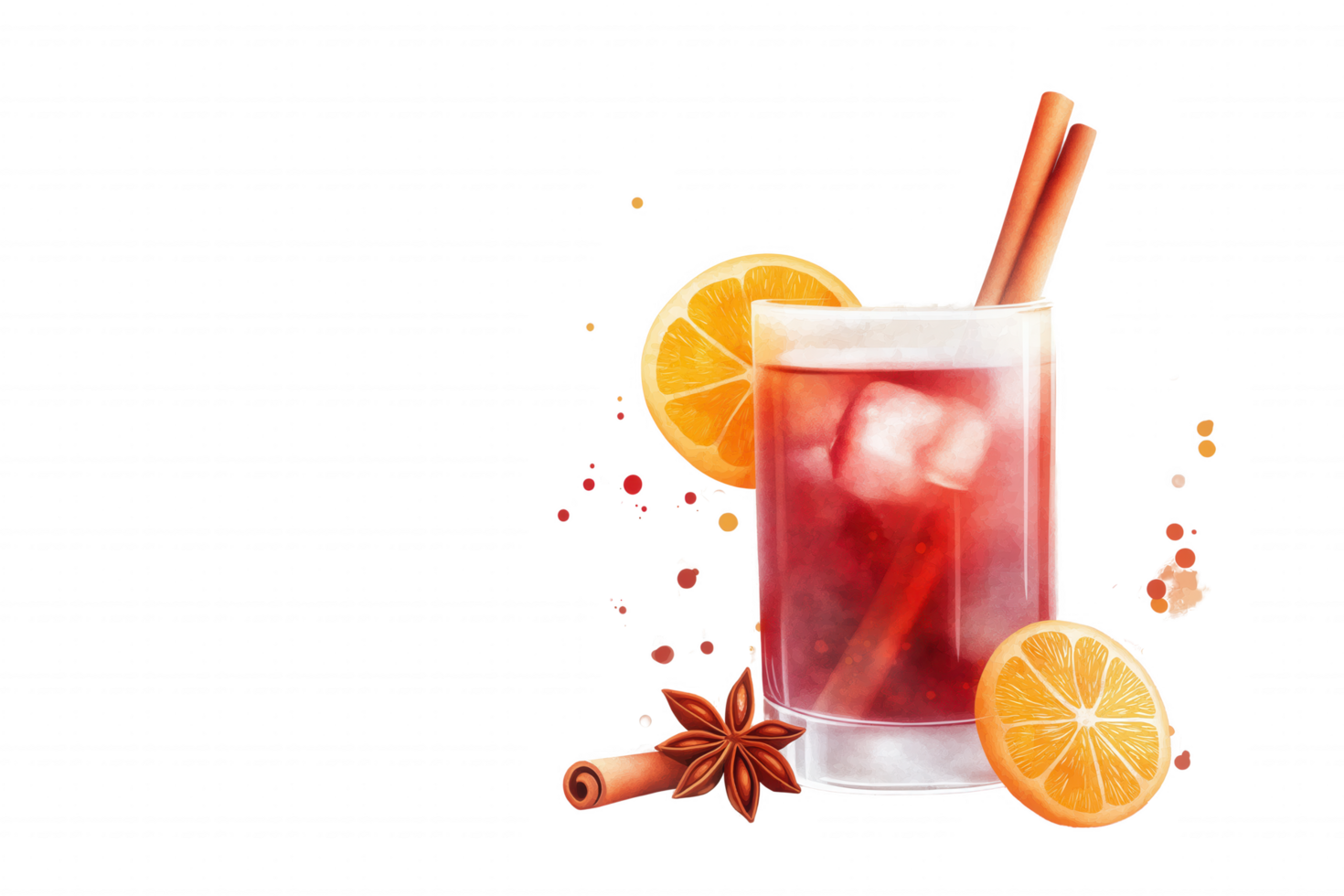A glass of red drink with a cinnamon stick and orange slices. png
