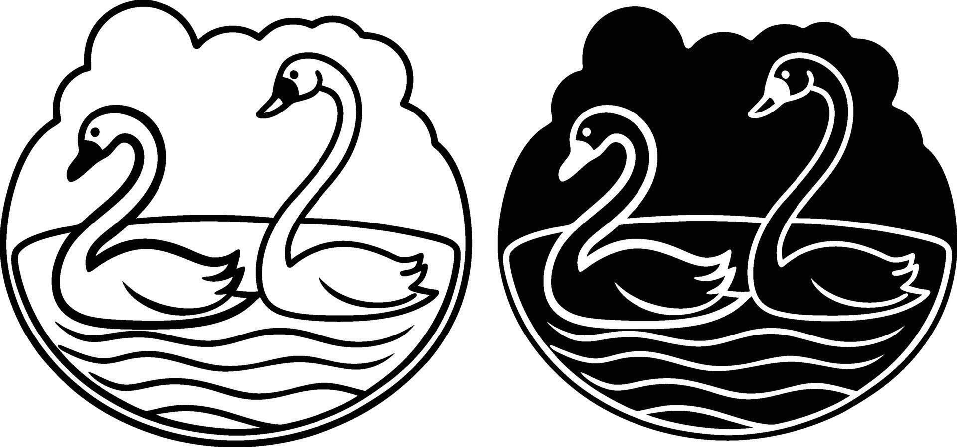 Elegant Swans Pair, Water, Nature, Black, White, Design, Logo, Illustration, Artwork vector