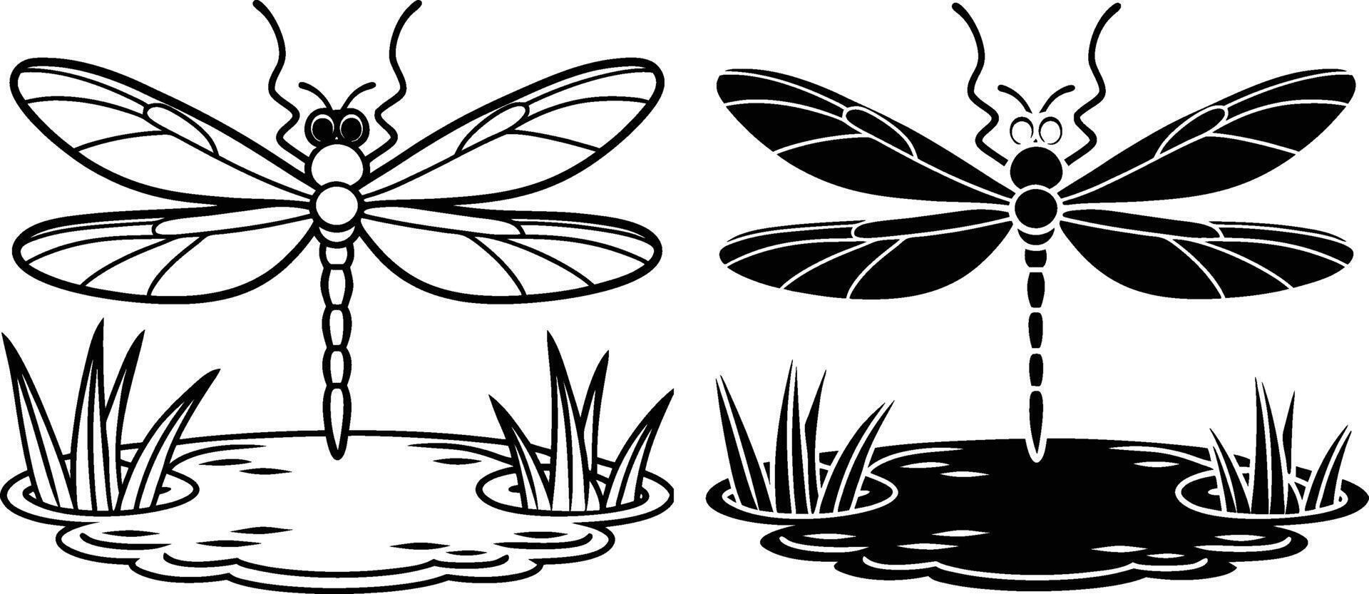 Dragonfly Pond Illustration Line Art, Silhouette, Nature vector