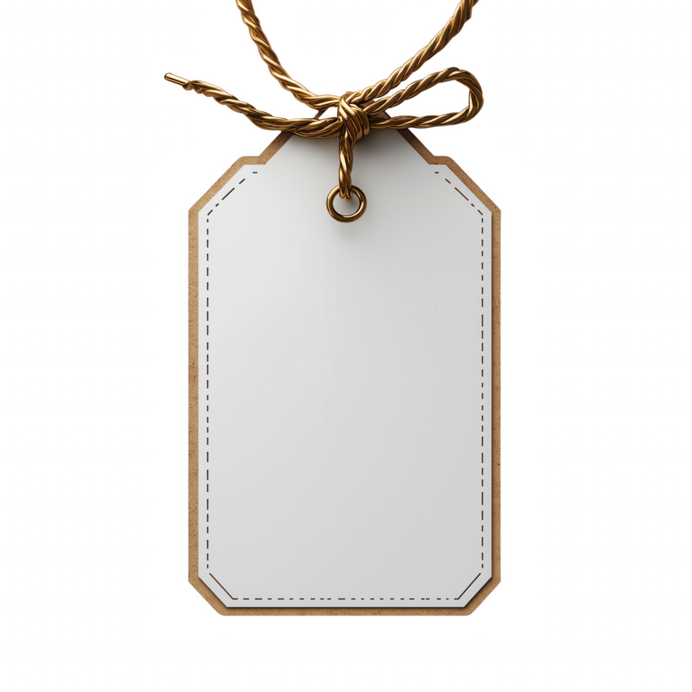 A white tag with a brown border and a gold rope hanging from it png