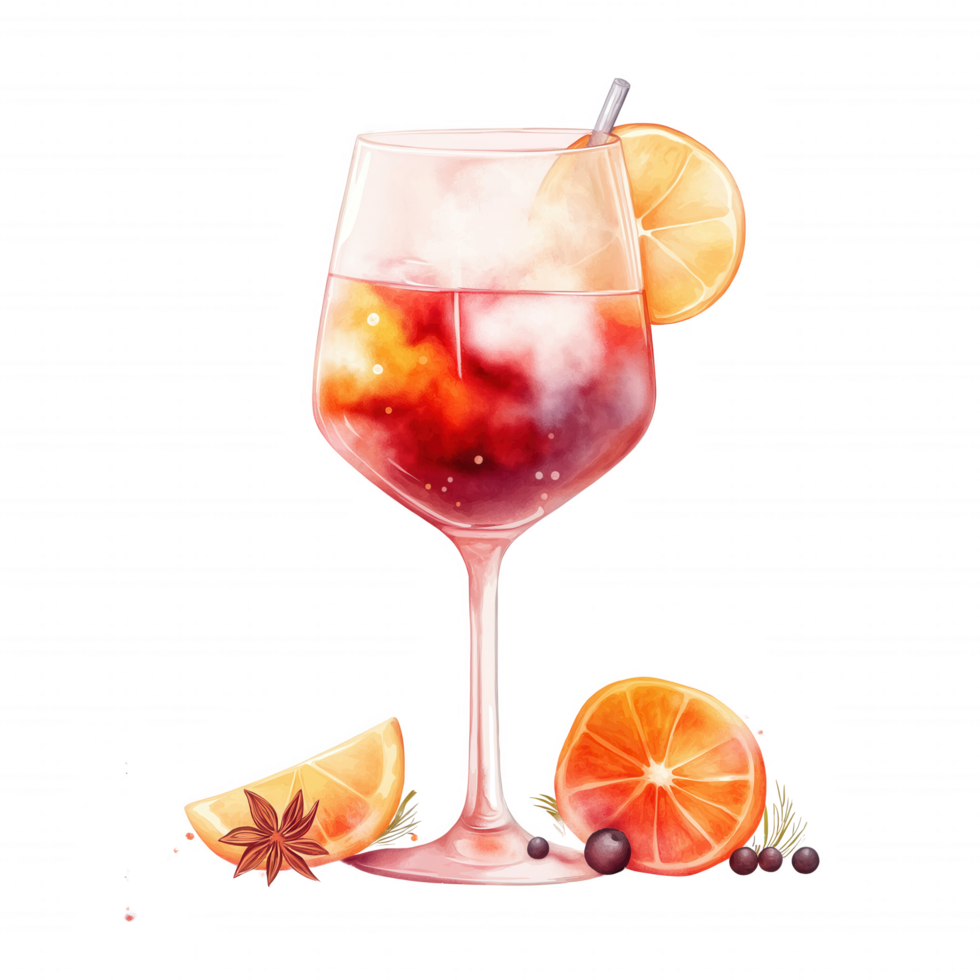 A glass of wine with a slice of orange and a sprig of rosemary png