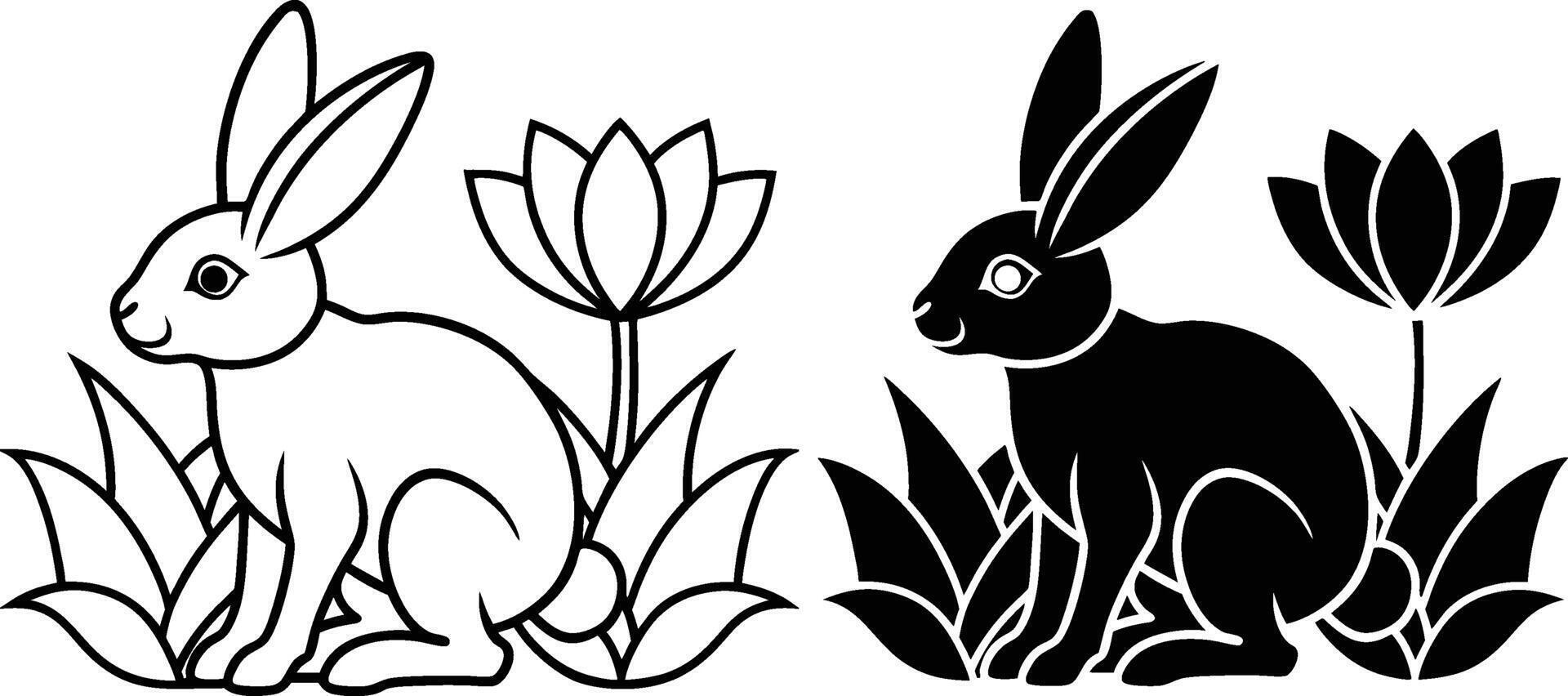 Elegant Rabbit and Tulip Designs Line Art, Silhouette, Nature vector