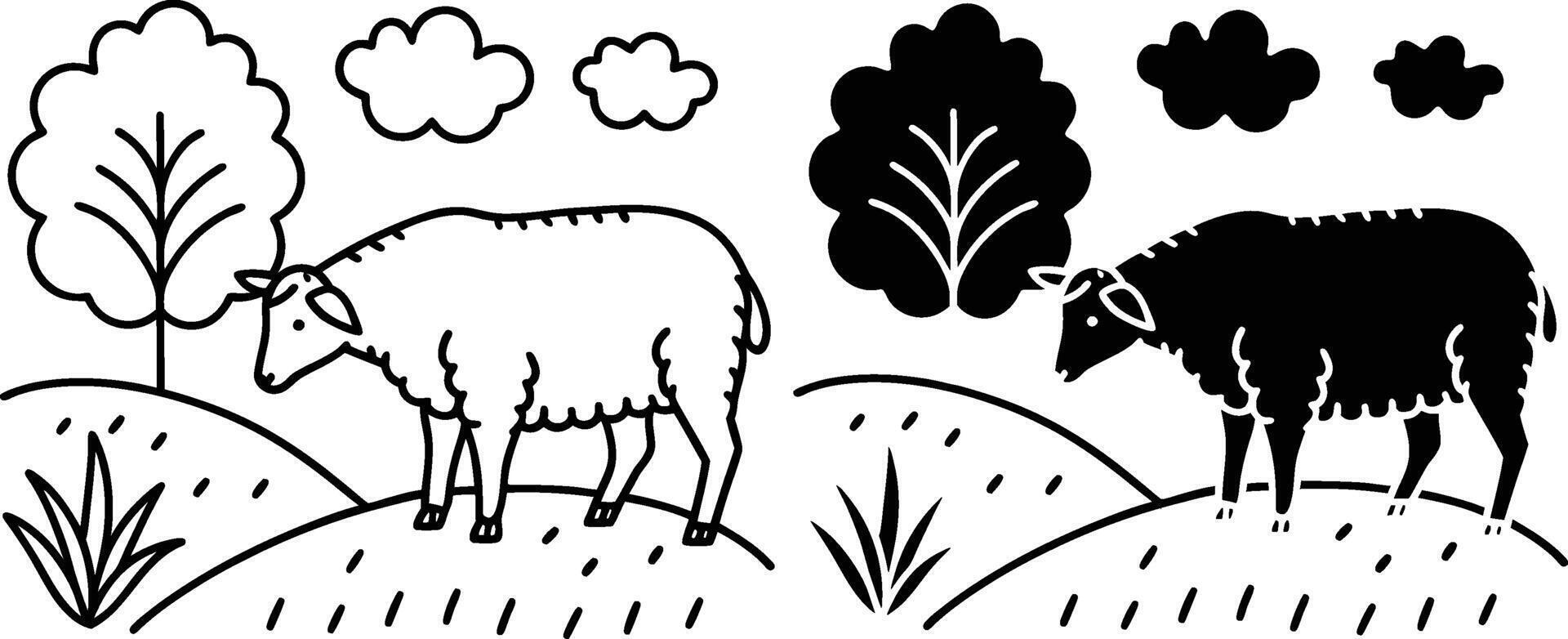 Black and White Sheep Grazing in Idyllic Pastoral Scene vector