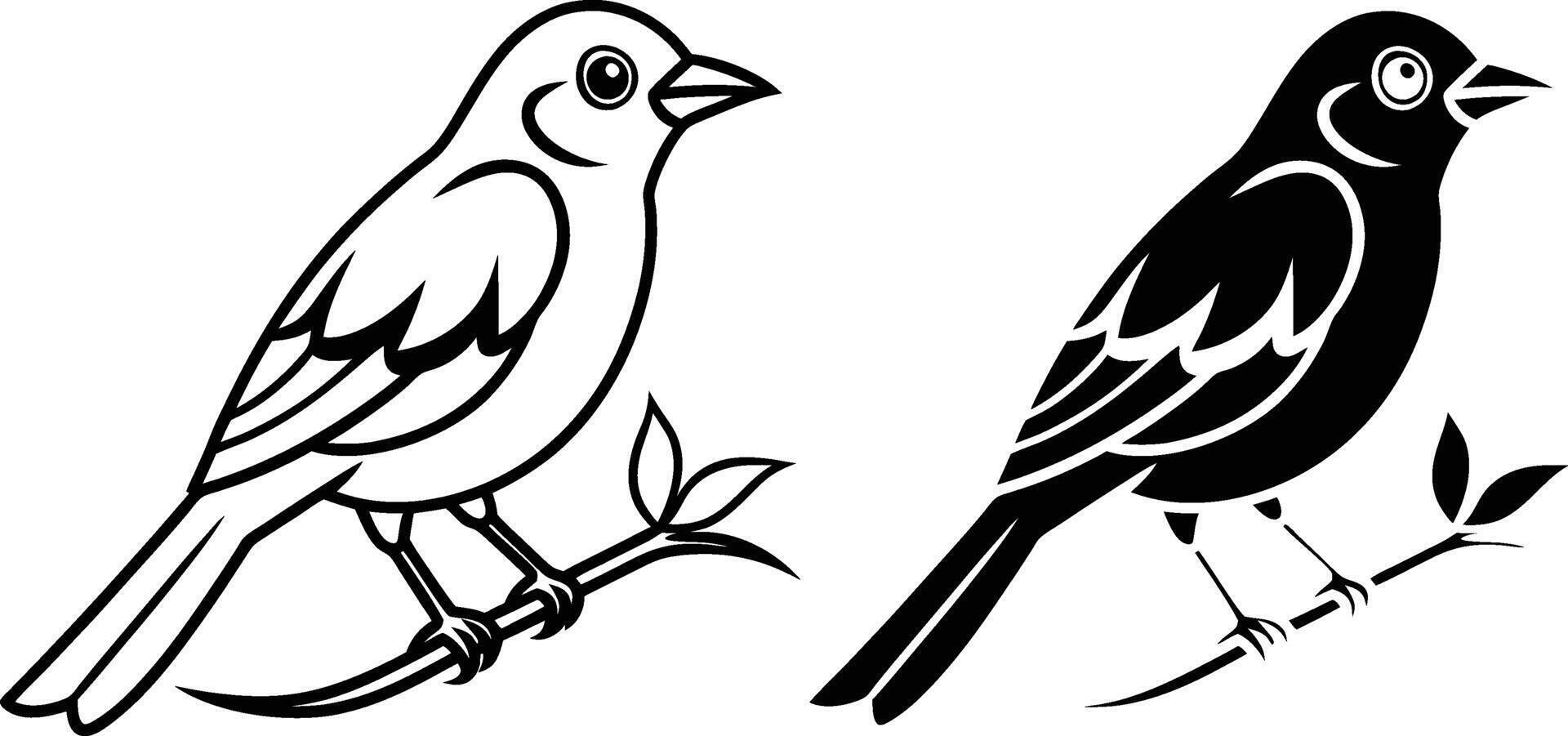 Two Bird Illustrations Line Art and Silhouette on Branches vector