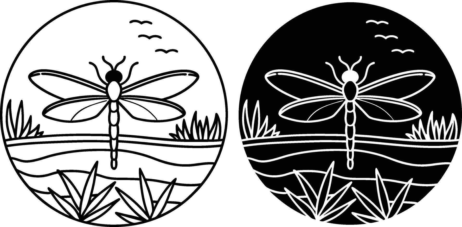 Dragonfly Pond Scene Nature, Insects, Line Art, Black, White, Design vector