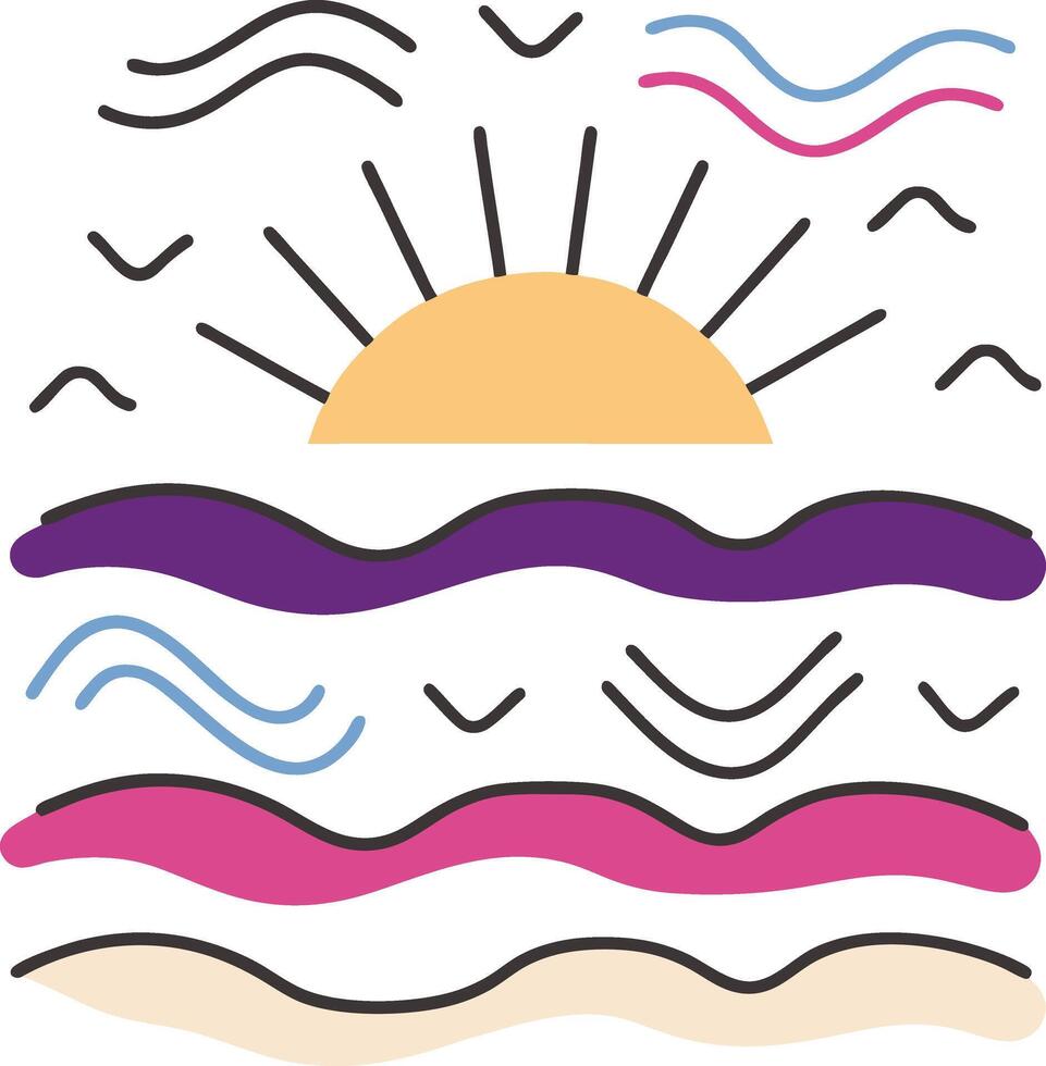 Sunrise Seascape Abstract Coastal Art with Wavy Lines vector