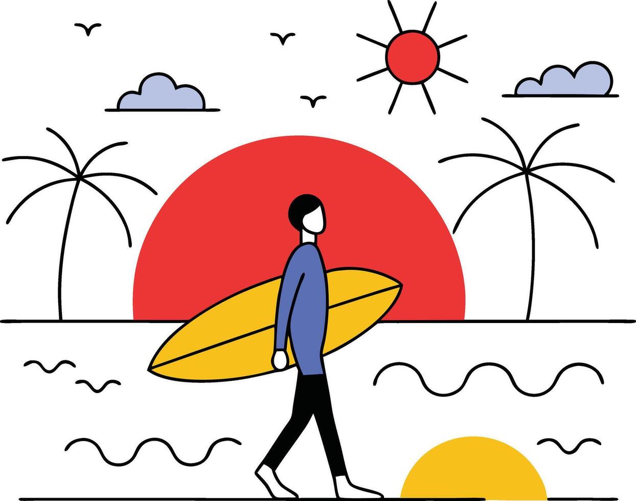 Sunset Surfer Walking Beach Palm Trees Summer Vacation Board vector