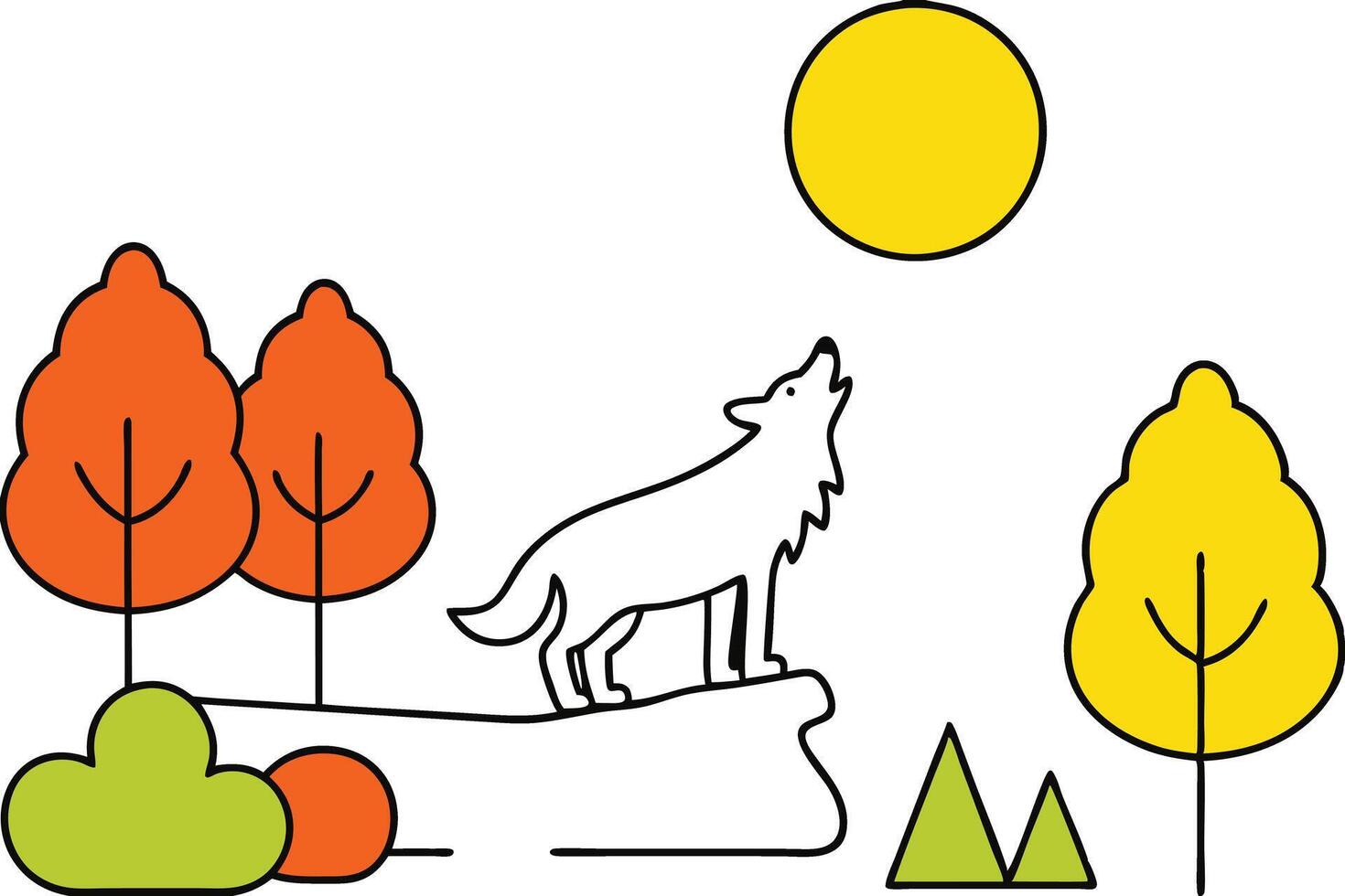 Howling Wolf in Autumn Landscape Sun, Trees, and Hills vector