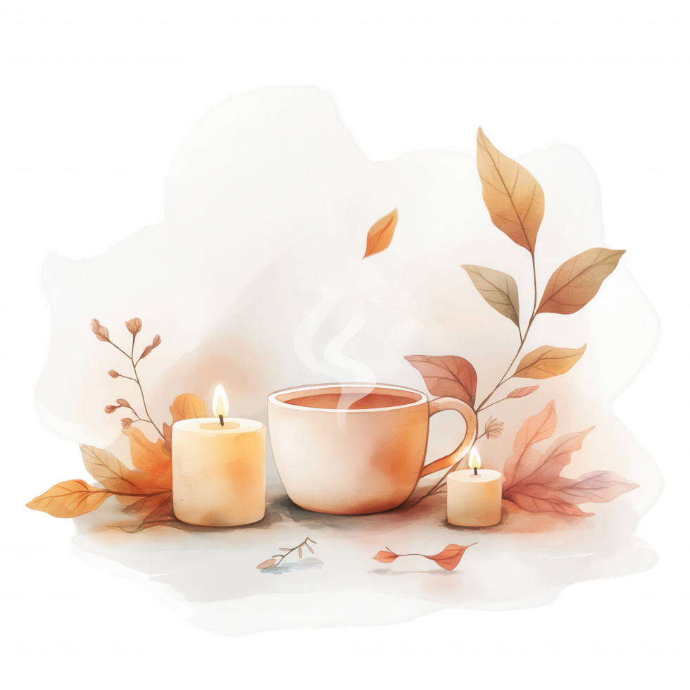 A painting of a cup of coffee with a candle and leaves png