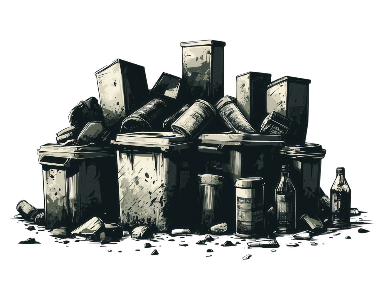 A pile of trash and containers with a bottle of beer on top png