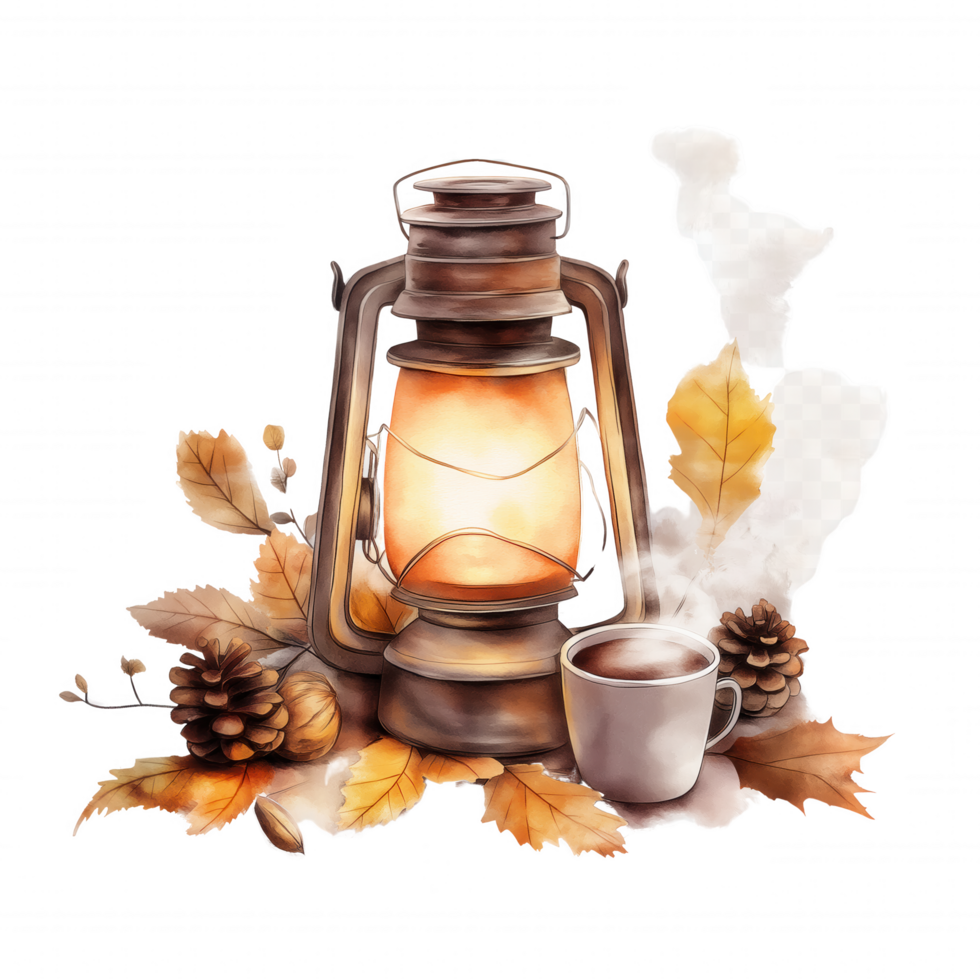 A lantern with a cup of coffee next to it png