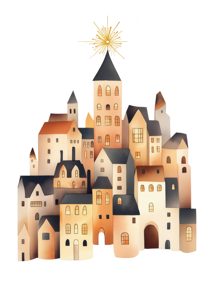 A drawing of a city with a Christmas tree on top png