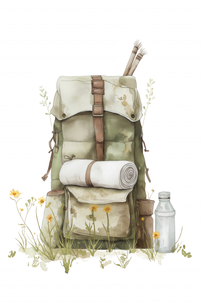 A backpack with a bottle of water and two sticks on top of it png