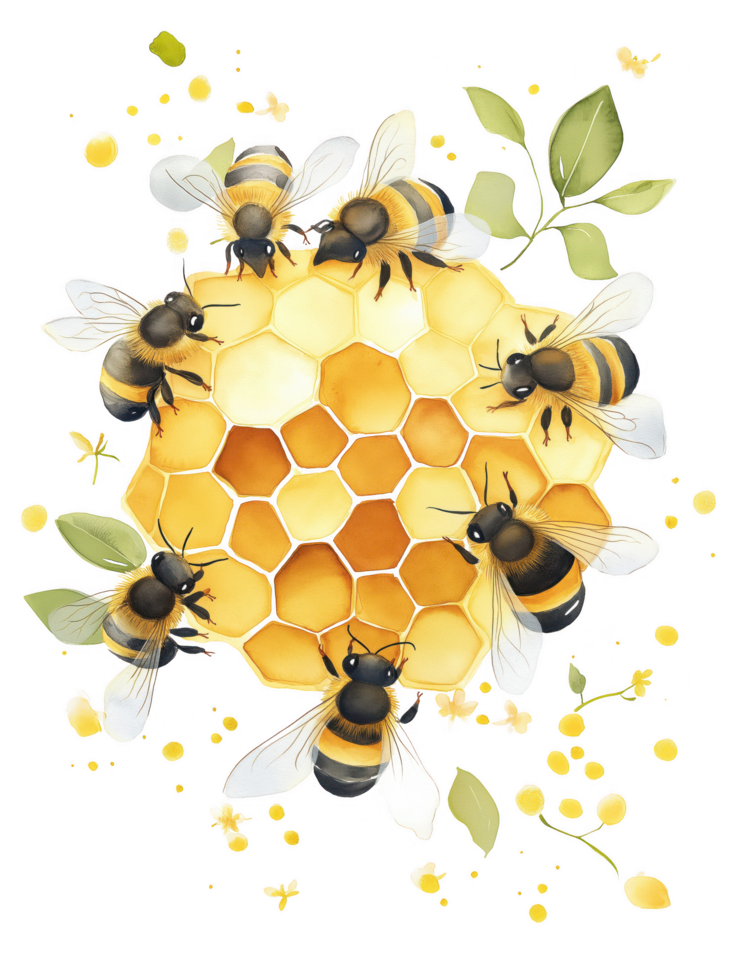 A painting of a group of bees on a honeycomb png