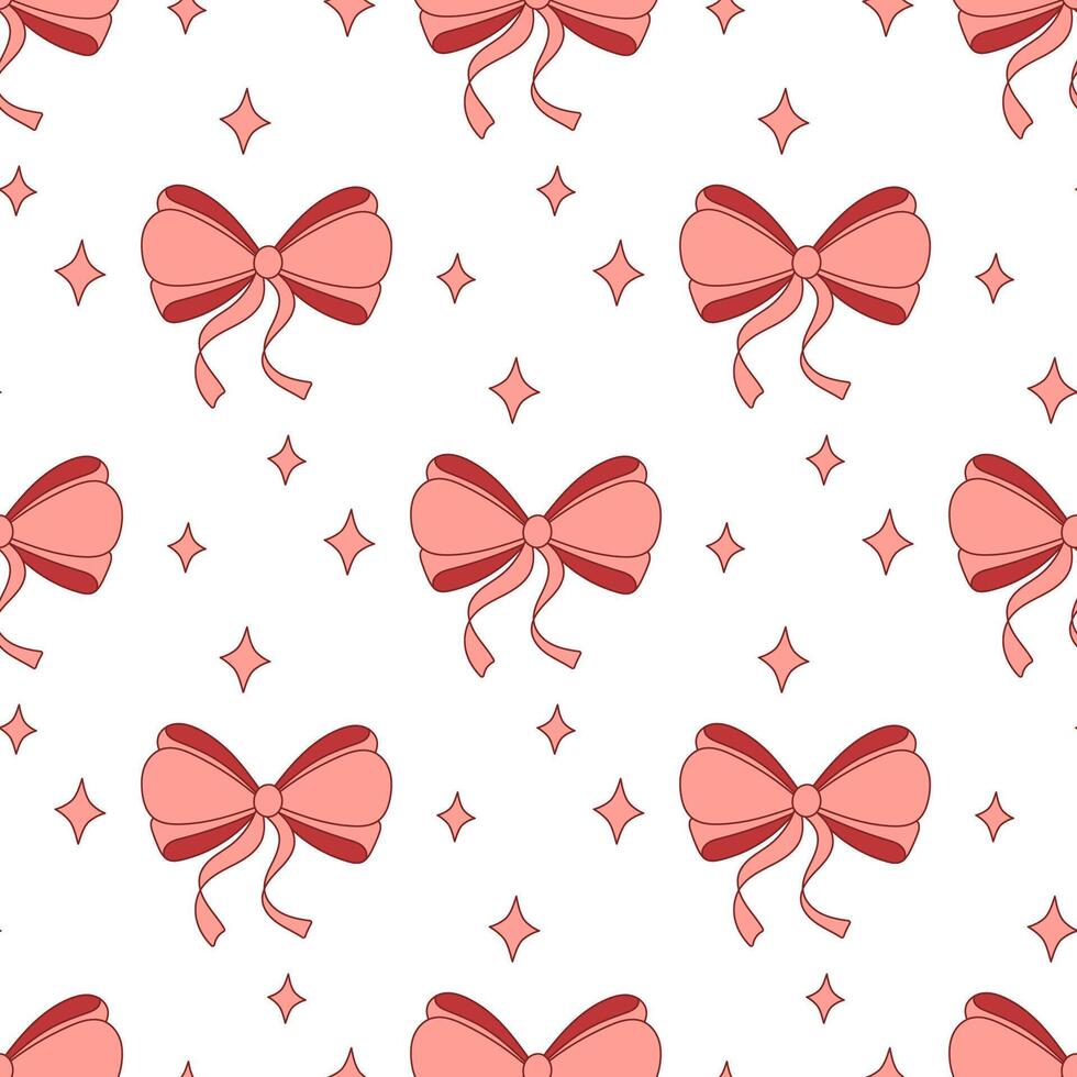 Seamless hand drawn ribbon bow pattern. Decorating bow, pink, red vector