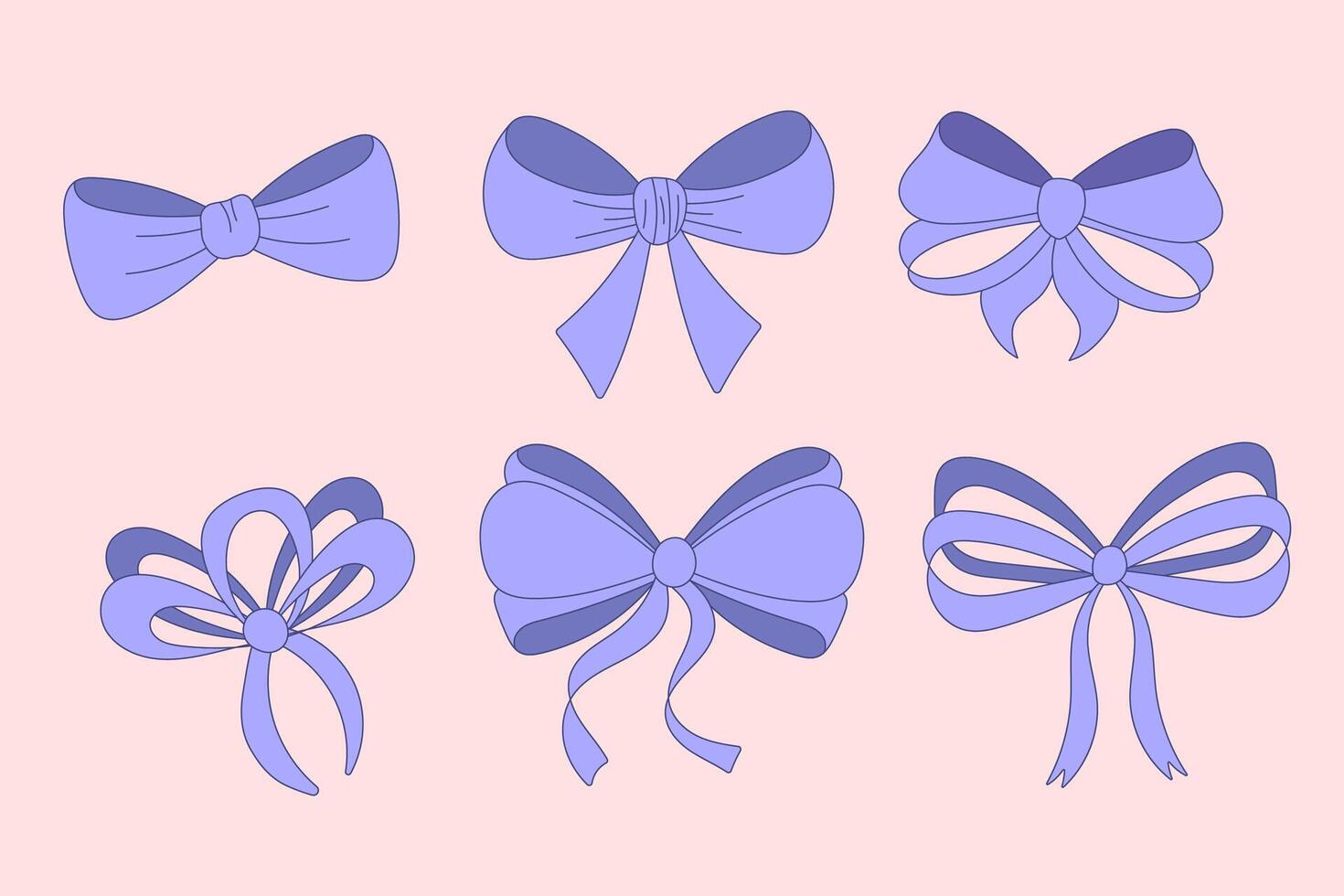 A simple collection of hand drawn ribbon bows. Bow decoration, blue purple bow set vector