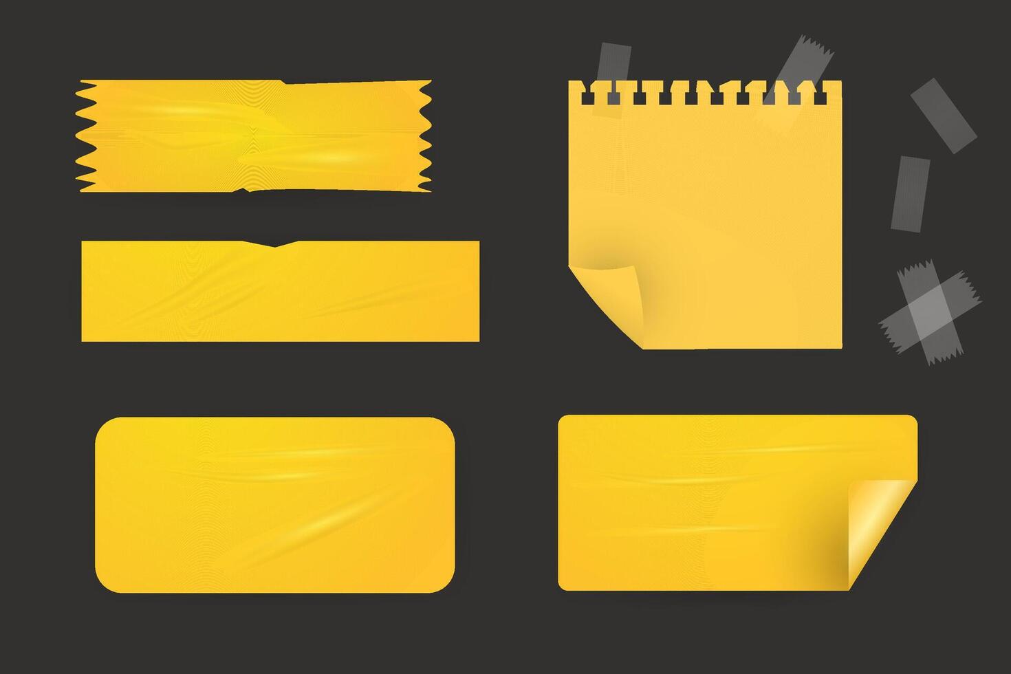 realistic illustration of white square rectangular stickers , yellow scotch tape set, sticky vector