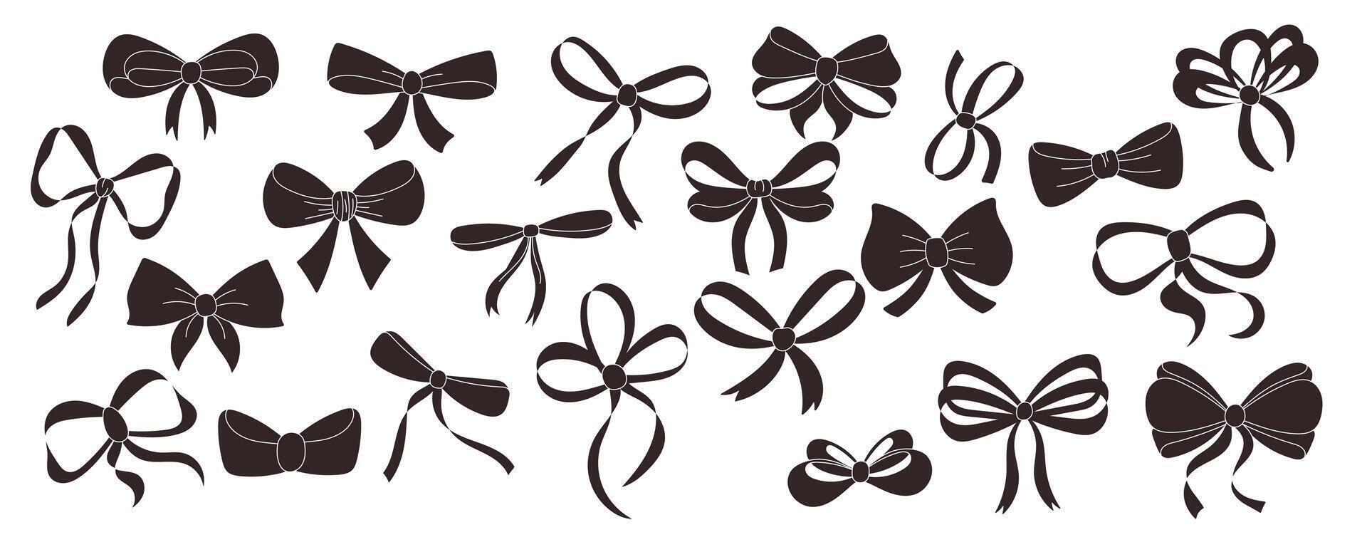 A simple collection of hand drawn ribbon bows. Decorating bow, black silhouettes, large set vector