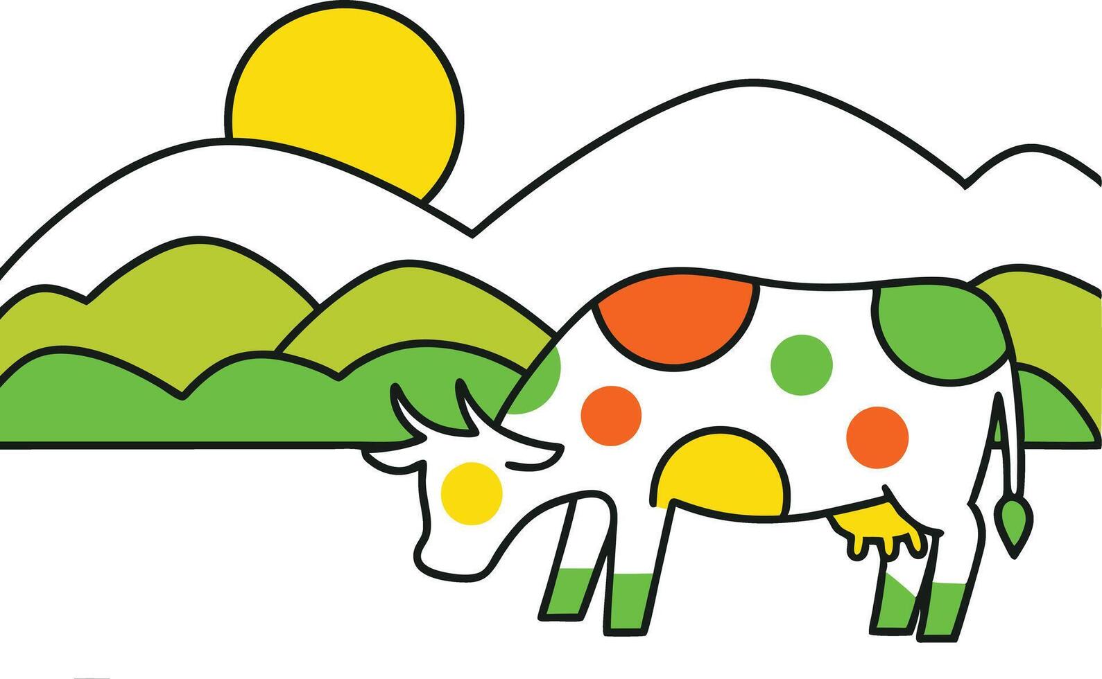 Colorful Cow Grazing in Sunny Green Pasture Landscape vector