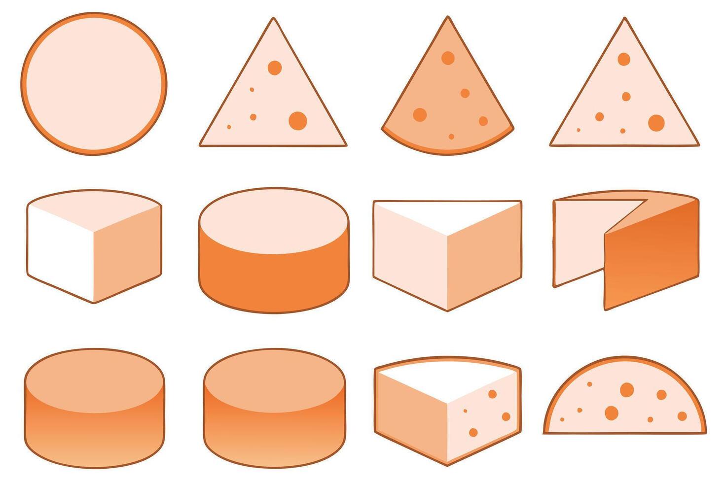 Cheese Shapes Round, Triangular, Cylindrical, and Cubic Dairy vector