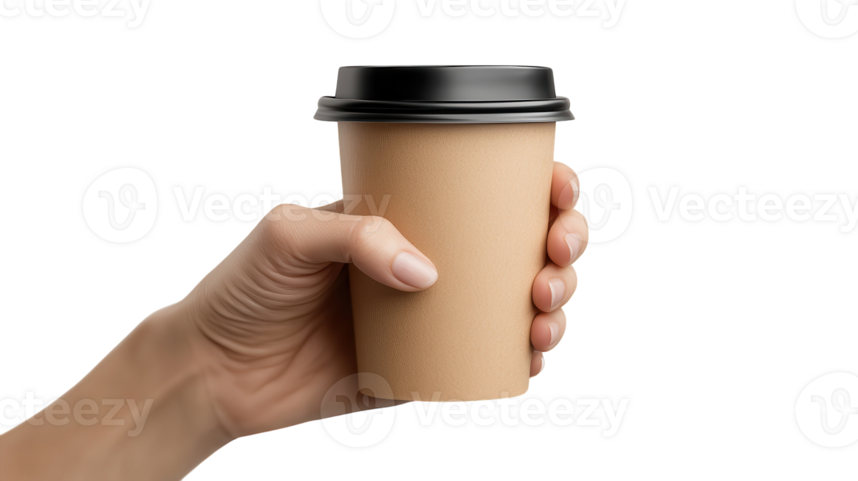 Hand holding a paper cup with a black lid png