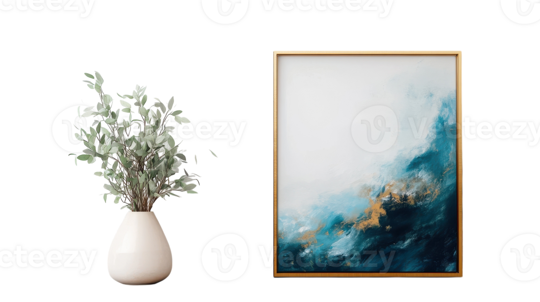 A painting with gold frame and a vase with eucalyptus leaves png