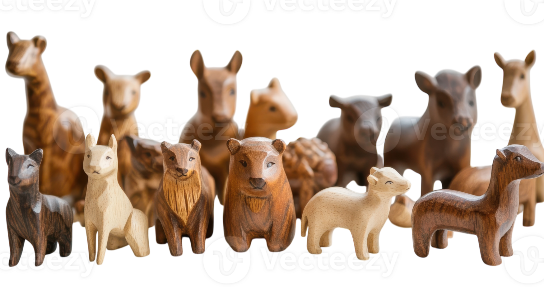 A group of wooden animals, including a giraffe, a horse, a cow, a sheep png