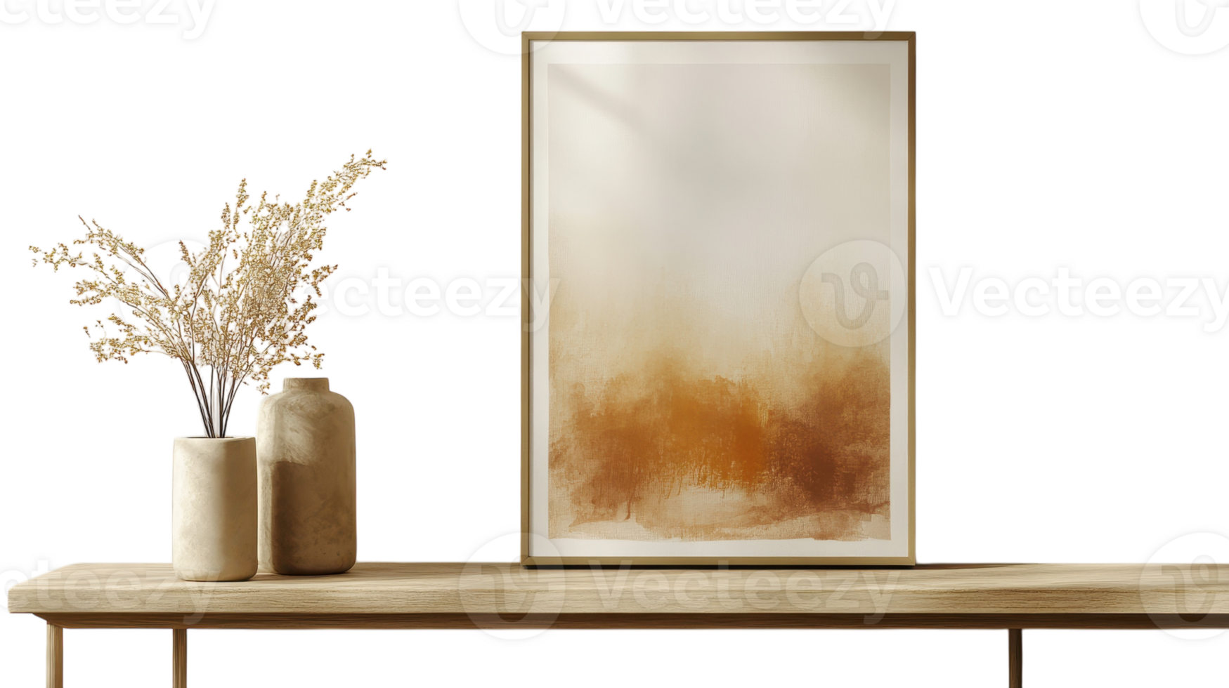 A framed painting on a table next to a vase png