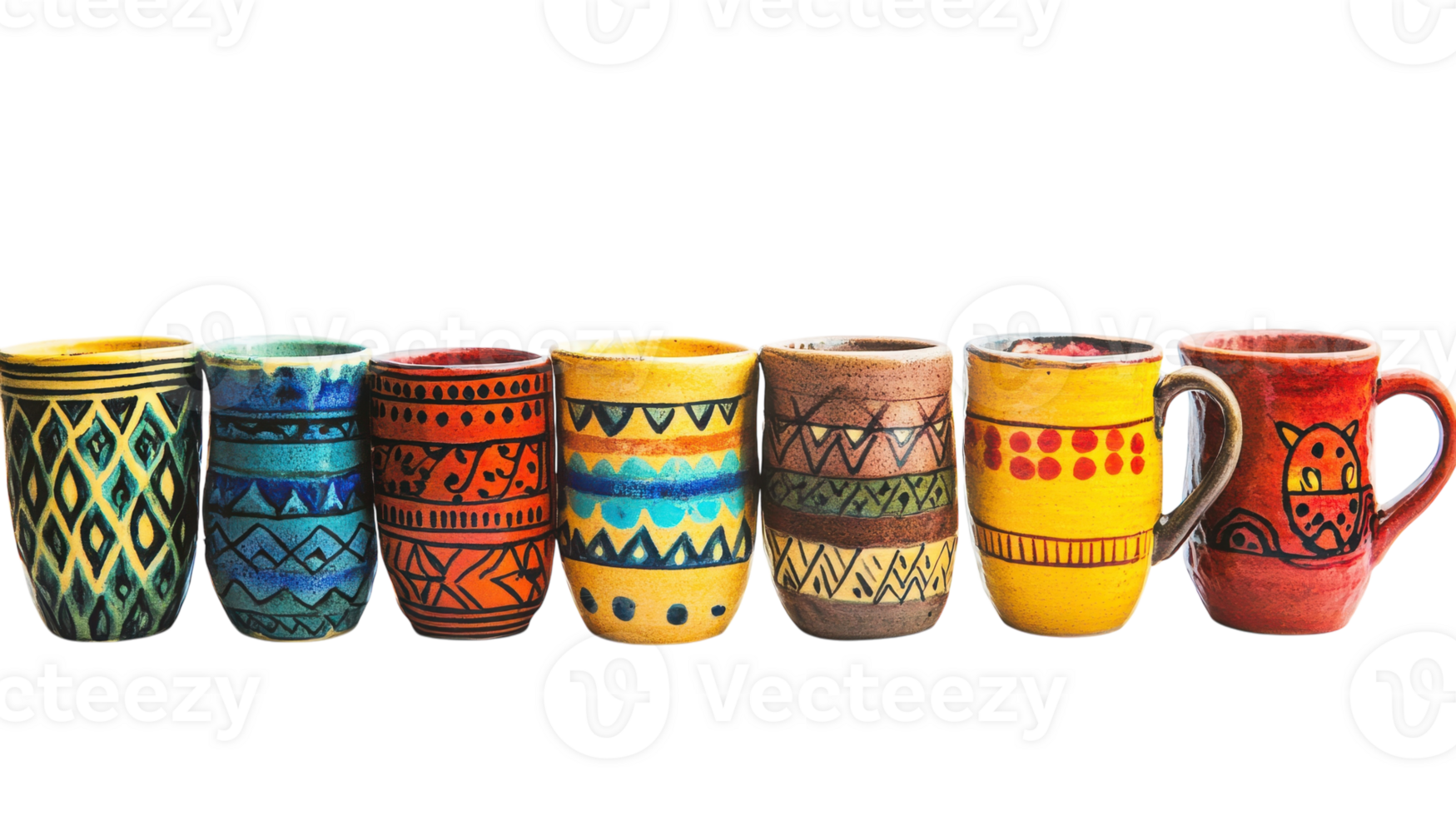 A row of colorful vases with designs on them png