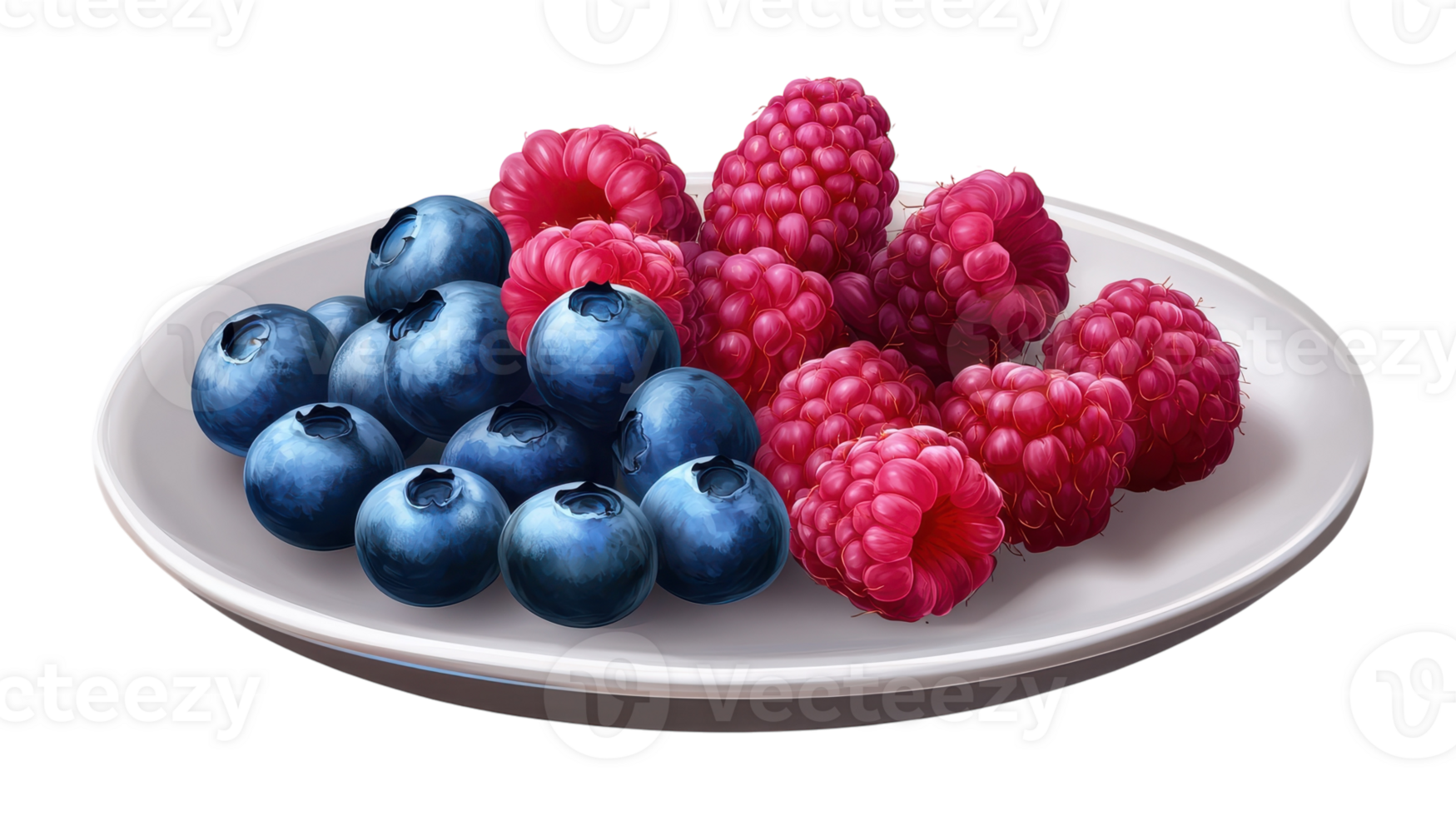 A plate of raspberries and blueberries png